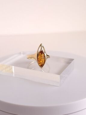 14K Gold Amber Ring – Marquise Cut Lithuanian Cognac Amber